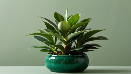 Serene jade plant in a vibrant green pot, a calming oasis of nature's tranquility.