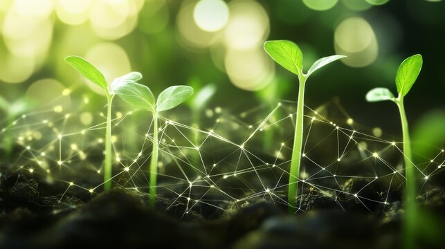 Growing seedlings in vibrant green environment.