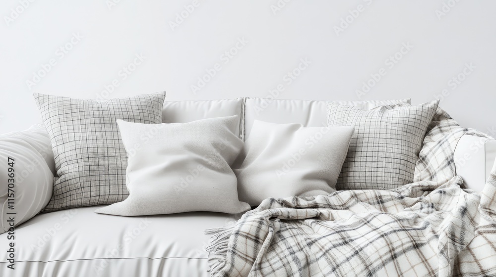 Poster cozy scandinavian style white sofa adorned with pillows and plaid blanket on a minimalist background