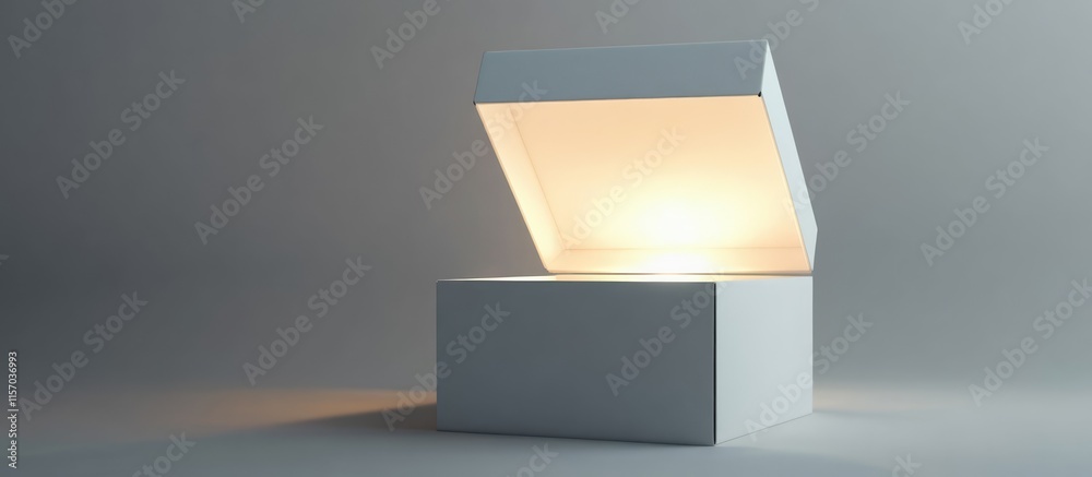 Aufkleber Bright light emanating from an open white box on a grey background symbolizing discovery and creativity in a minimalist setting