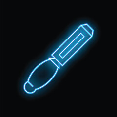 Glowing blue neon sign of a utility knife against a dark background, perfect for themes of construction or diy projects