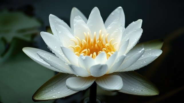 Stunning close-up of a blooming white water lily adorned with raindrops against a serene dark background showcasing its natural beauty.
