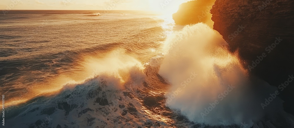 Aufkleber dramatic sunset view of ocean waves crashing against rugged coastline cliffs creating a serene and p