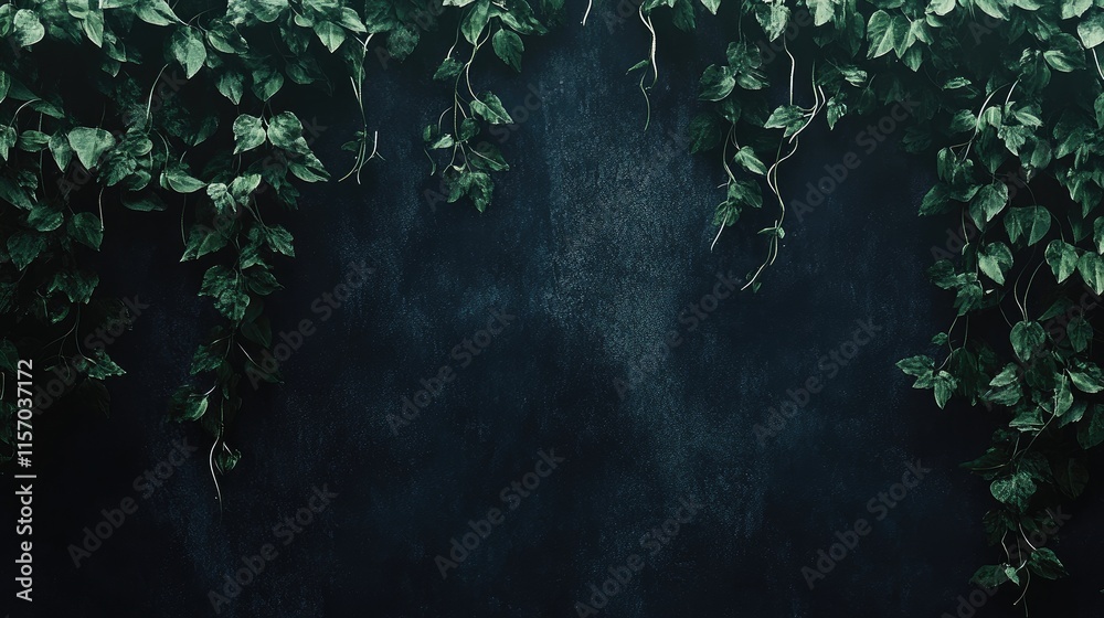 Poster Lush green creeper vines gracefully adorn a dark textured wall creating a serene and natural backdrop for various designs.