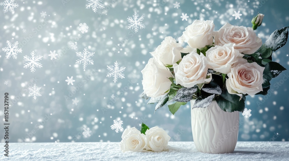 Poster white roses in a vase on a snowy table against a shimmering winter background with snowflakes for fe