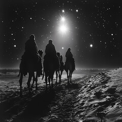 An image of camels, a starry Christmas sky, a landscape,