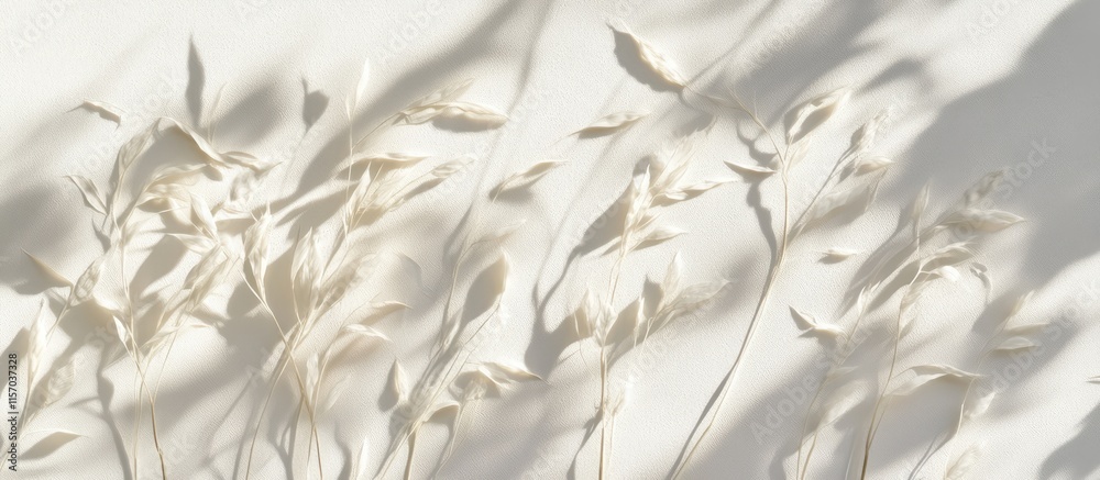Poster Minimalistic white wall featuring soft shadows of yucca leaves illuminated by sunlight creating a serene and tranquil background atmosphere