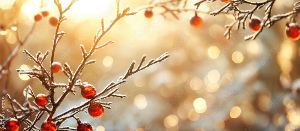 Poster warm golden background with frosted tree branches and red berries creating a serene and festive atmo