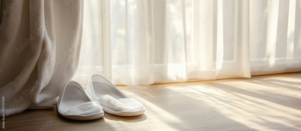 Poster white slippers and bathrobe beside a window with soft sunlight highlighting a serene relaxing atmosp