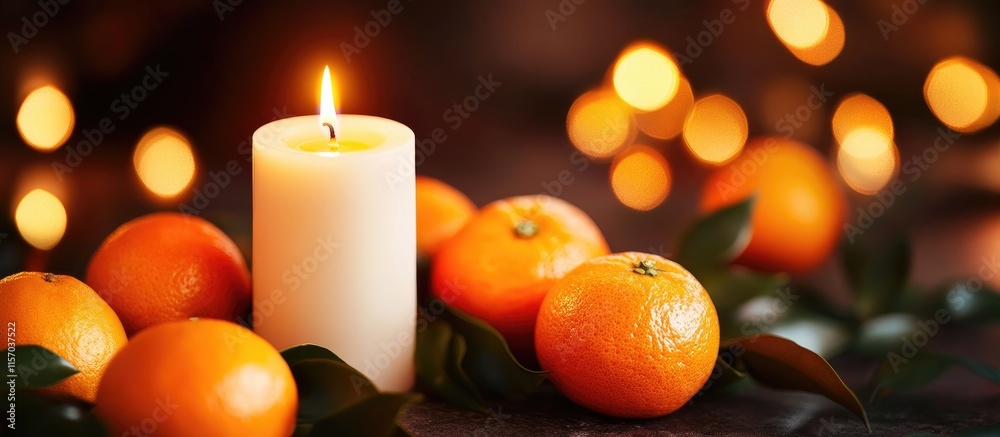 Poster candlelit scene with white candle and tangerines creating a warm ambiance against a soft dark blurre