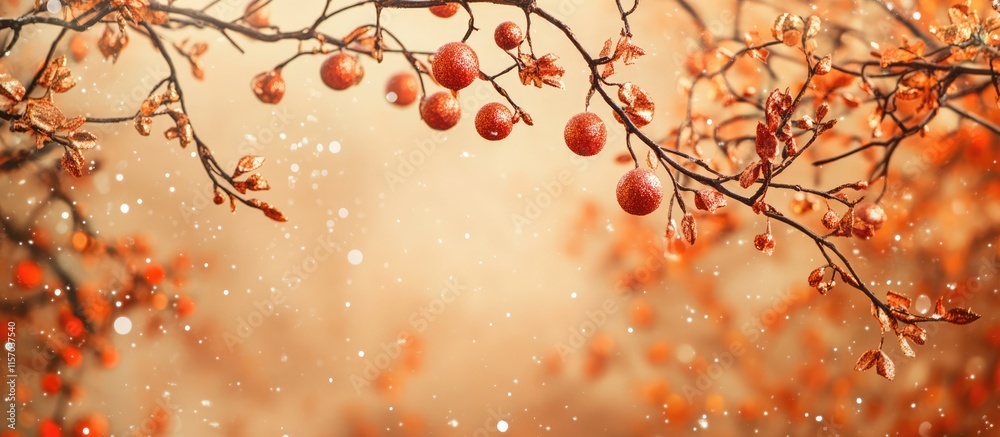 Aufkleber Warm autumn background with tree branches adorned with decorative elements and soft falling snowflakes creating a serene ambiance.