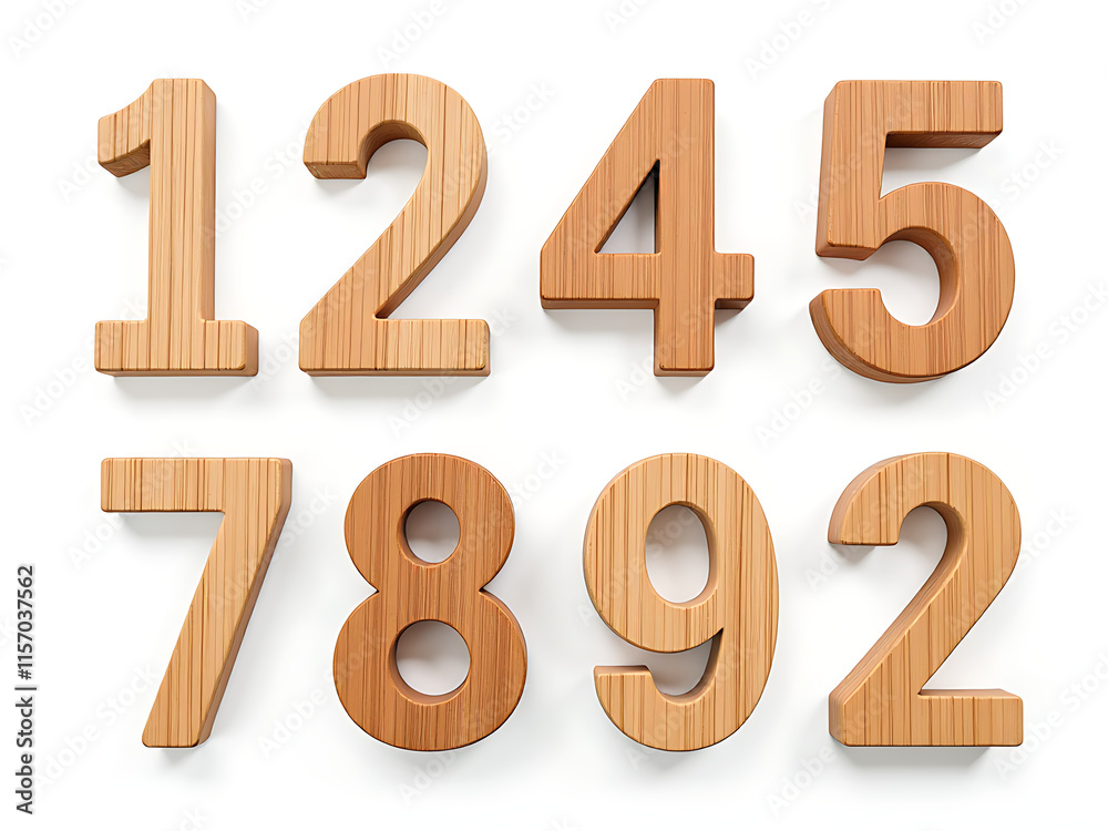 Aufkleber Set Of Isolated Wooden Numbers In 3d Format With White Background And Transparent Png Image For Design Use. 00001