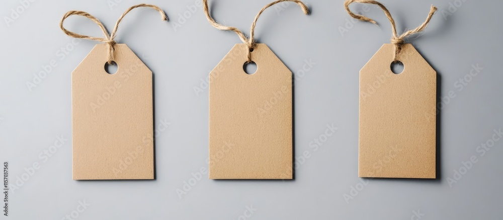 Poster craft gift box mockup with empty paper tags hanging against a grey background ideal for personalized