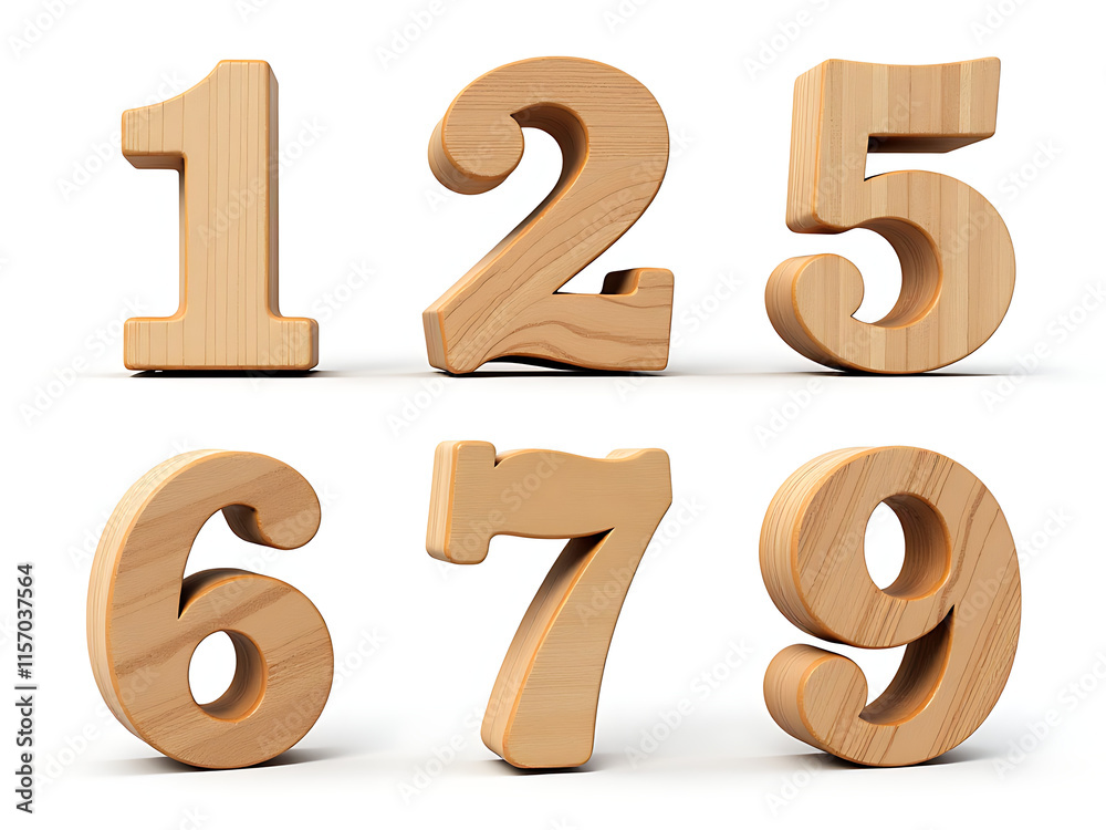 Aufkleber Set Of Isolated Wooden Numbers In 3d Format With White Background And Transparent Png Image For Design Use. 00002