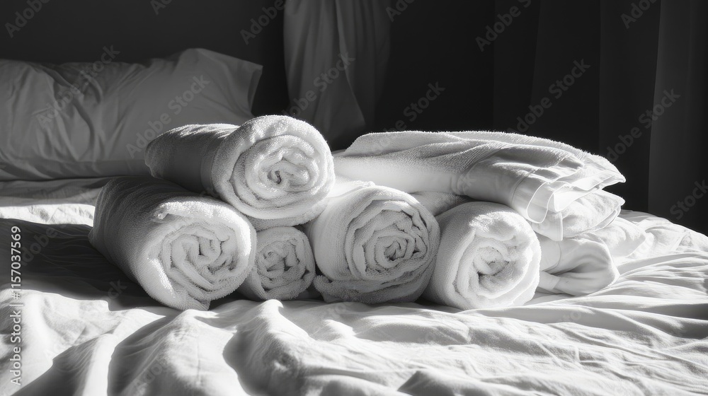 Aufkleber Rolled white towels neatly arranged on a bed creating a relaxing and inviting atmosphere in a minimalistic bedroom setting