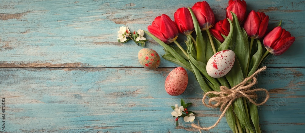 Poster vintage bouquet of red tulips with decorated eggs tied in string on rustic wooden surface for festiv