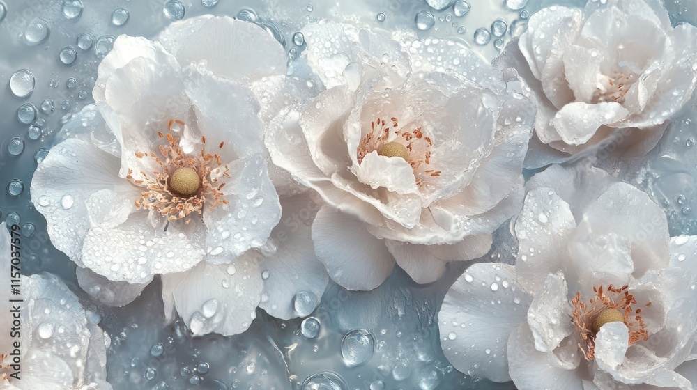 Aufkleber delicate white flowers adorned with water droplets on a soft blue background creating a serene and f