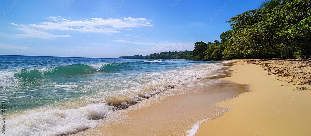 Poster serene coastline with gentle waves lapping at golden sand under a clear blue sky and lush greenery i