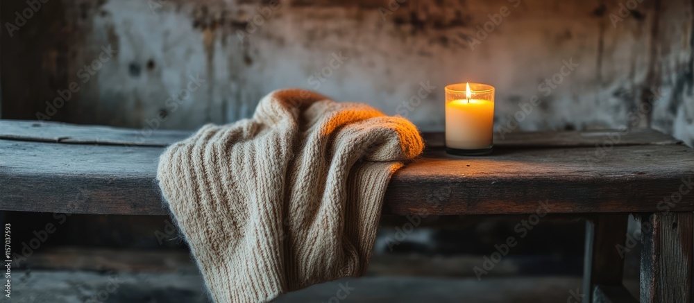 Poster cozy sweater draped on rustic wooden bench with flickering candle creating a warm and tranquil ambia