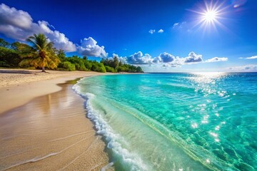 Fototapeta premium Serene Beachscape: Azure Sky Meets Calm Ocean Waves