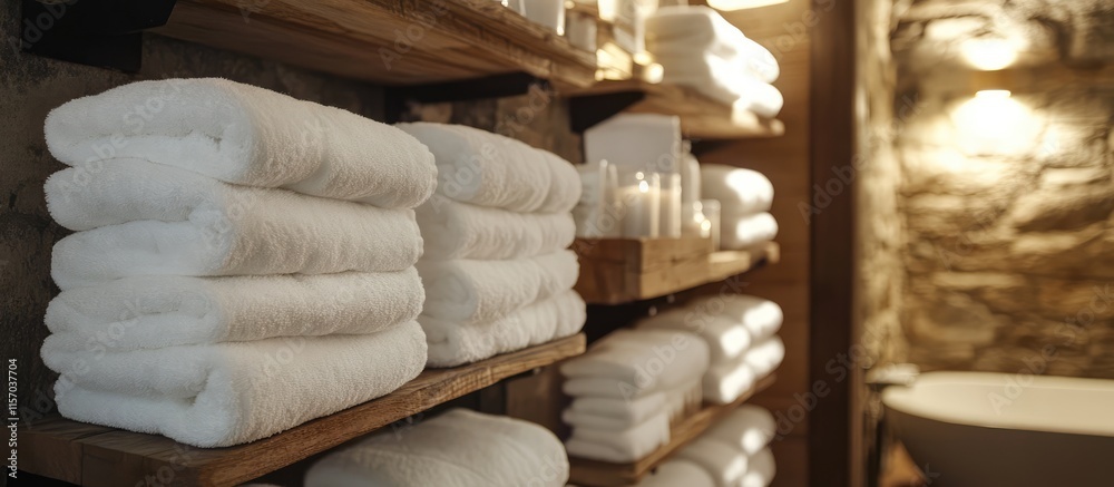 Poster neatly arranged white towels on rustic wooden shelving in a contemporary bathroom setting with warm 