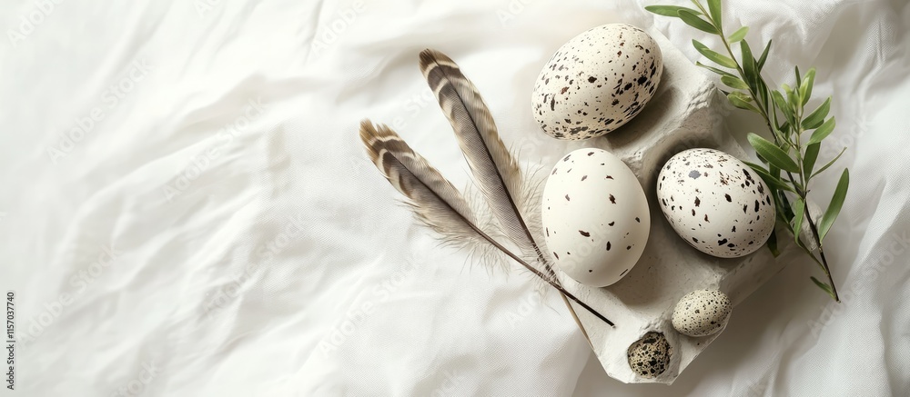 Aufkleber easter spring still life mockup with quail and hen eggs feathers and green branch on white backgroun