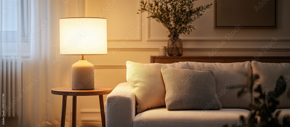 Poster vintage cloth table lamp casting warm light in a cozy living room creating a charming and inviting a
