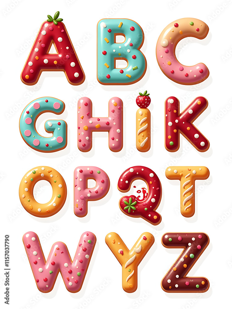 Poster set of colorful sweet dessert alphabet letters isolated against a clean white background for creativ