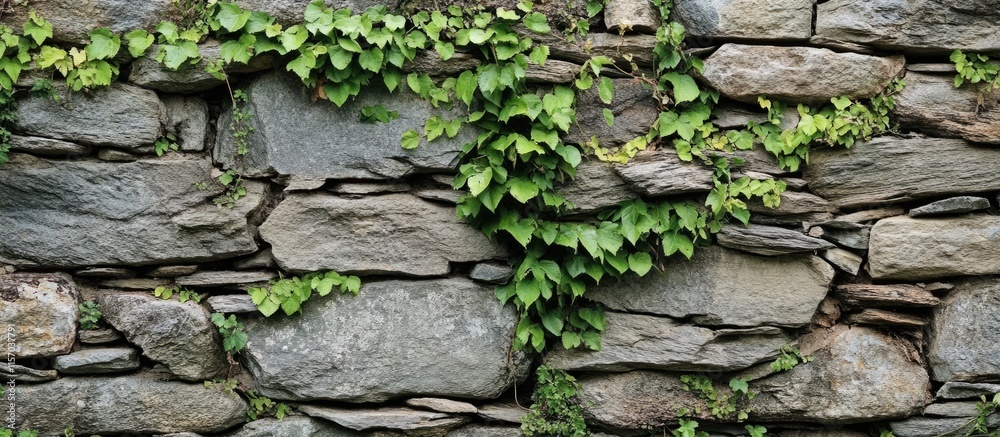 Poster weathered stone wall with creeping vines illustrating rustic charm and historical architectural beau