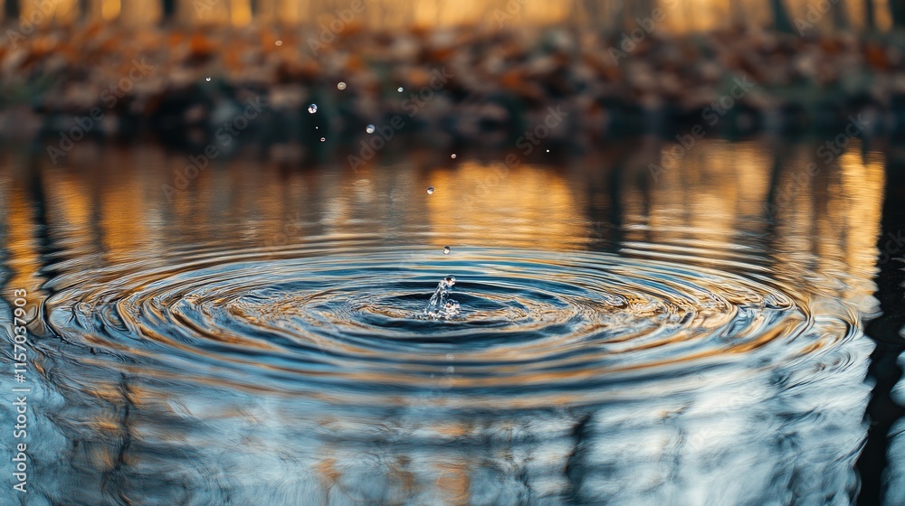Poster ripples in a tranquil pond with vibrant colors reflecting from nature's beauty and a drop creating c