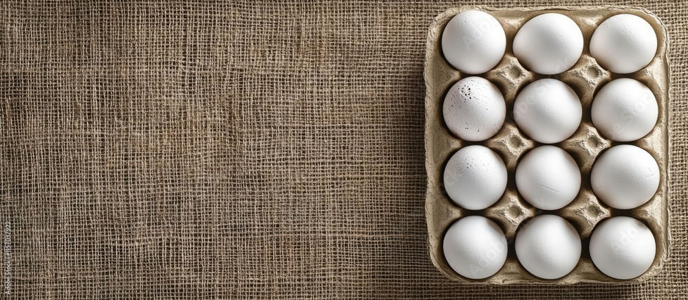 Aufkleber White chicken eggs in a ceramic carton on burlap surface overhead view with space for text for culinary or organic food advertisements
