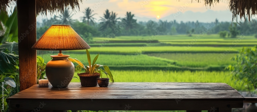 Poster vintage lamp on rustic table overlooking tranquil rice fields at sunset capturing the essence of rur