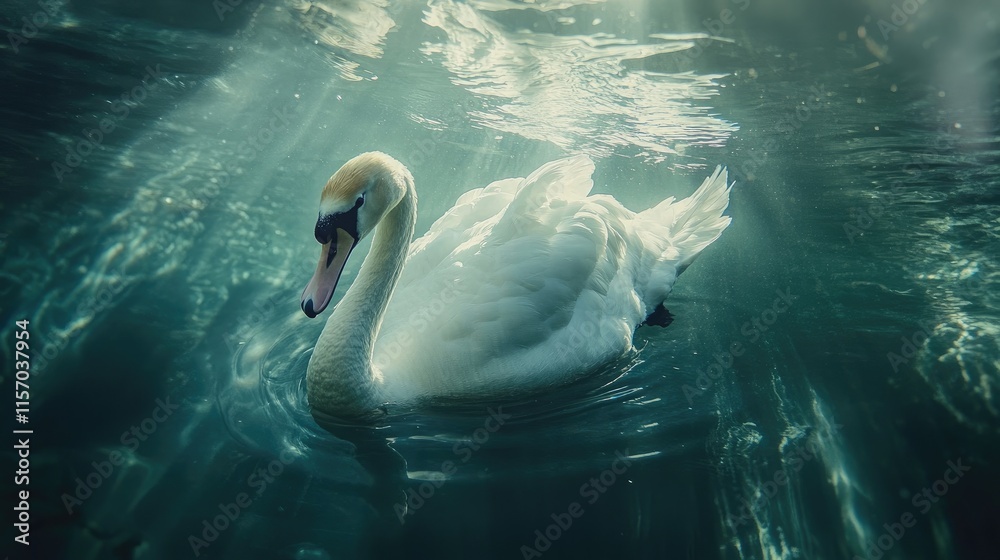 Aufkleber elegant white swan gliding gracefully through serene waters illuminated by soft rays of light in a t
