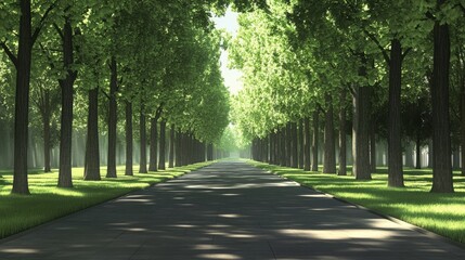 Fototapeta premium Lush, green trees lining a peaceful road.