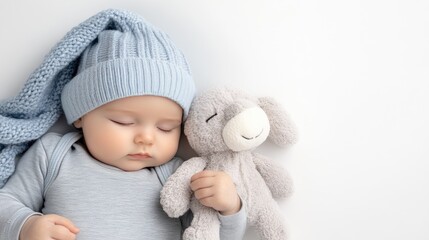 A peaceful baby sleeps soundly while holding a cuddly stuffed animal, surrounded by soft textures in a serene white setting