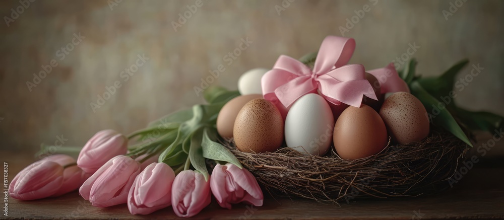 Poster Easter eggs with pink bows in a nest on a wooden surface surrounded by tulip flowers creating a festive spring atmosphere.