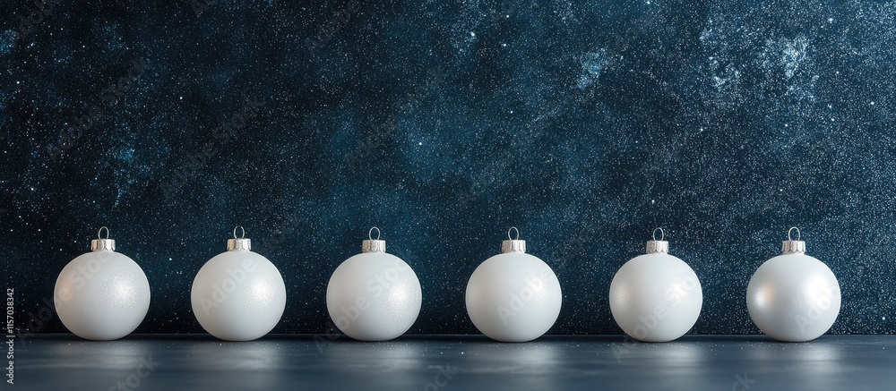Poster white christmas ornaments lined up against a dark blue glittery background creating a festive mood w