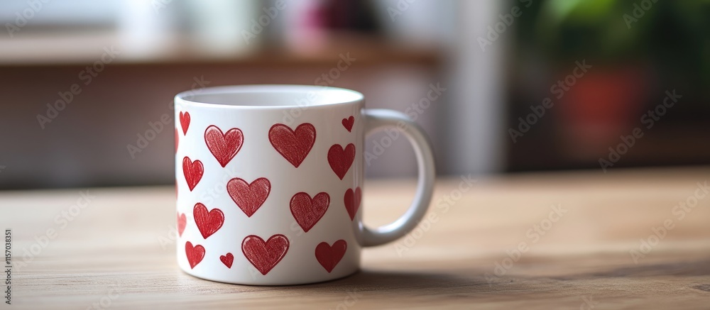 Aufkleber white coffee mug adorned with red heart patterns placed on a wooden table in a cozy, natural setting