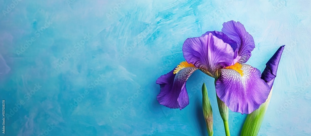 Poster Vibrant violet iris flower on a textured blue background with ample space for text and promotional use in design projects and advertising.