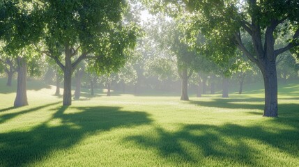 Obraz premium Lush green landscape with sunlight and shadows.