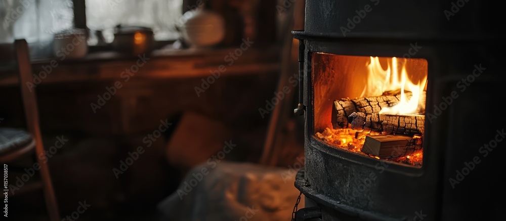 Poster Cozy rustic stove with warm flames of firewood creating an inviting and intimate atmosphere in a serene interior setting