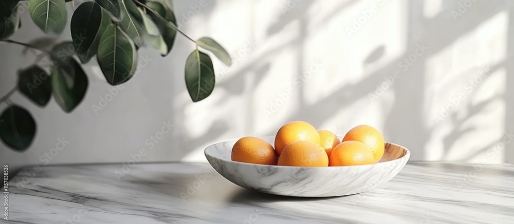 Aufkleber elegant white marble tabletop with smooth finish showcasing a bowl of golden oranges against soft na