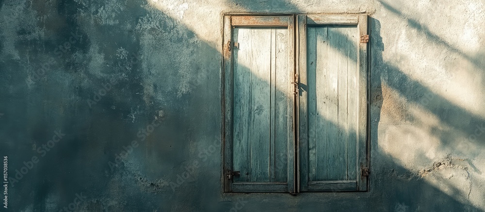 Poster vintage window shutter casting shadows in sunlight on a textured concrete wall ideal for architectur