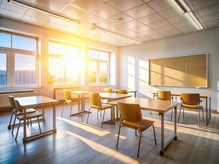 Serene Empty Classroom: Sunlight & Whiteboard Minimalist Stock Photo