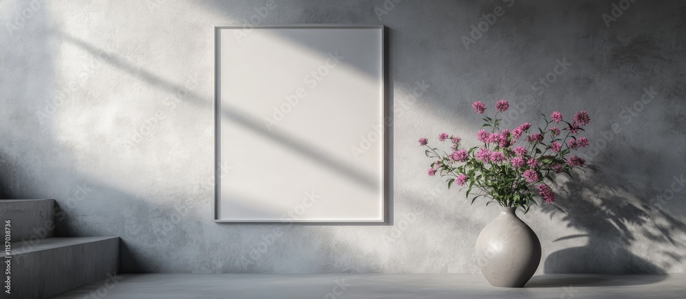 Poster minimalist interior mockup with white frame and vase of pink asters on gray wall perfect for display