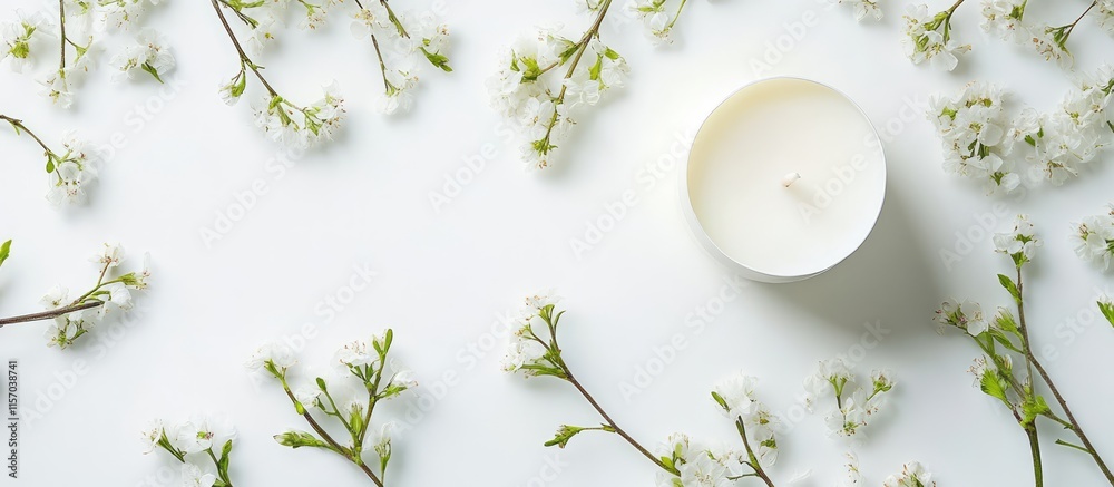 Poster white candle surrounded by delicate white flowers on a minimalist white background creating a serene