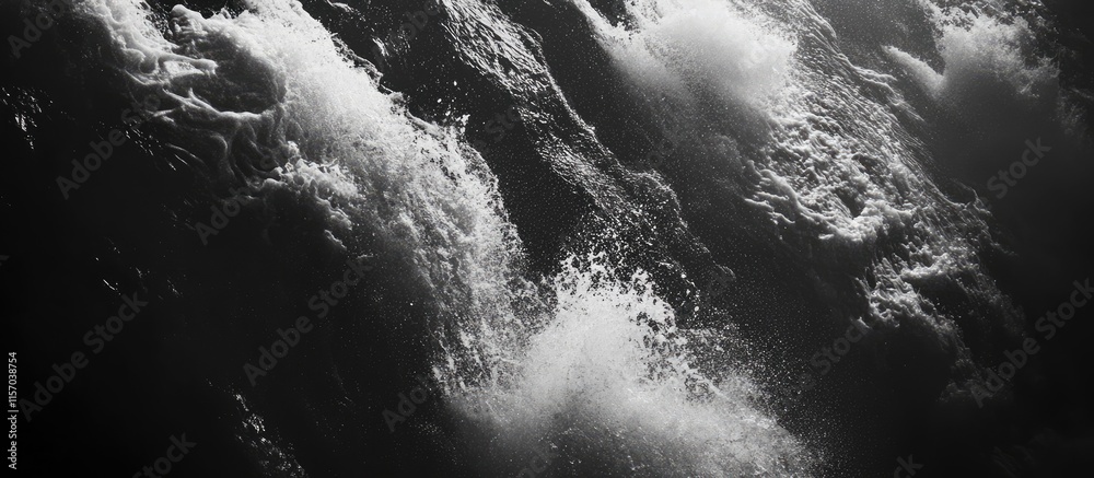 Poster dynamic black and white water cascade with powerful waves creating splashes and foam in a dramatic f