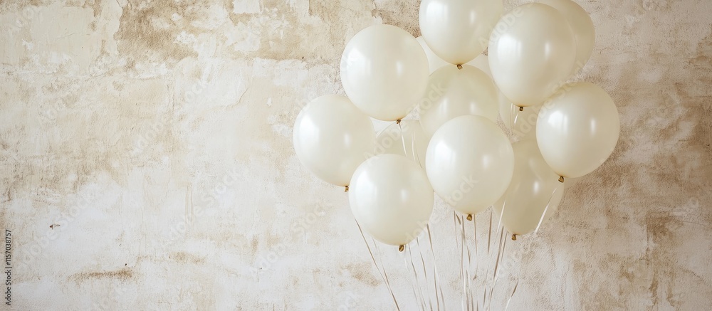 Poster White balloons floating gracefully in front of a textured wall creating an elegant and festive atmosphere for celebrations