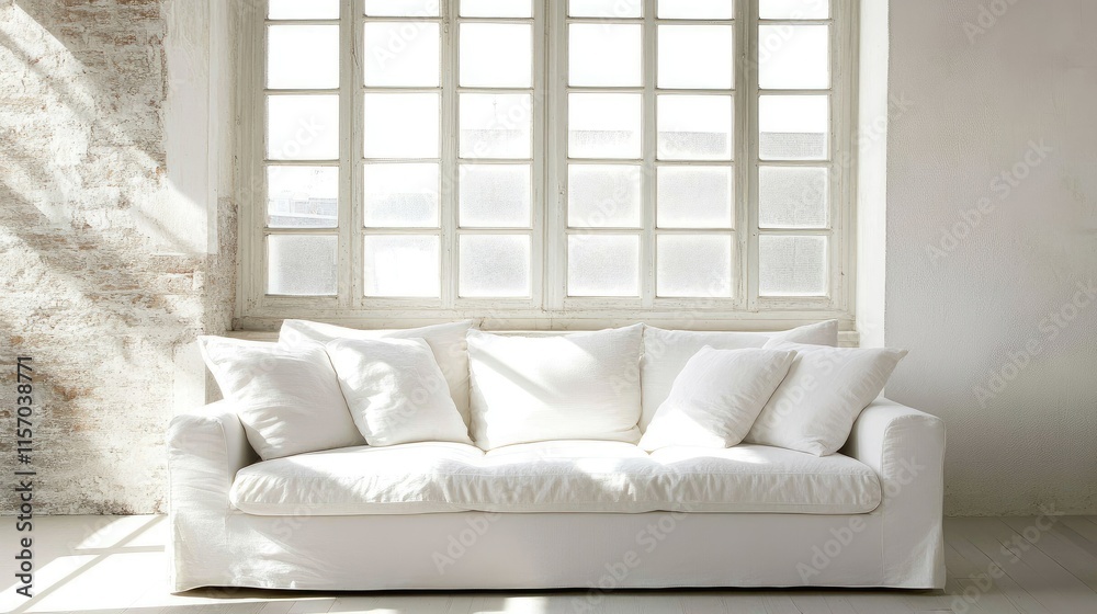 Poster bright and airy interior featuring a white sofa basking in sunlight by large windows creating a sere