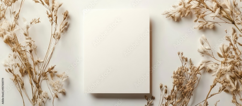 Poster elegant wedding invitation card mockup with dry flower accents in flat lay style showcasing blank sp